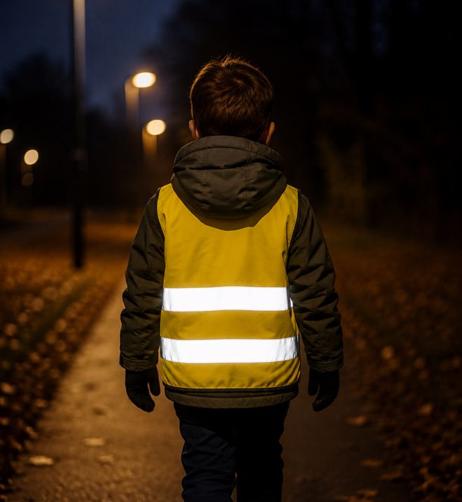 Et barn i refleksvest på fortauet i mørket, refleksbåndene lyser