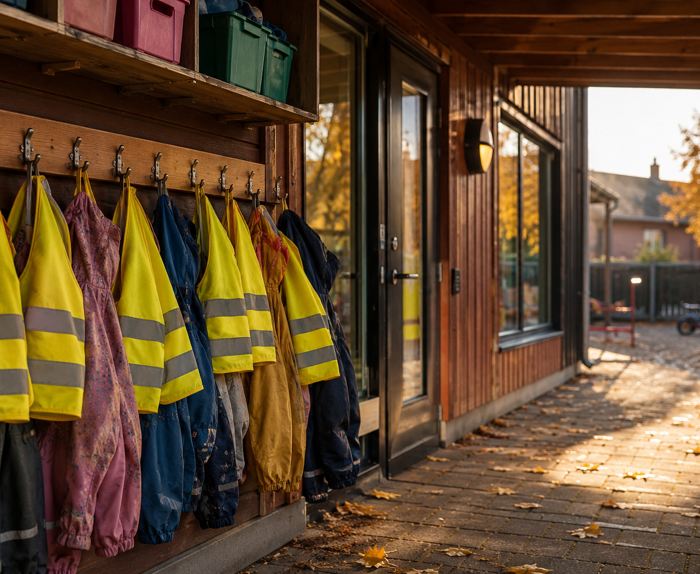 Refleksvester og regnjakker på knagger ved inngangen til en barnehage