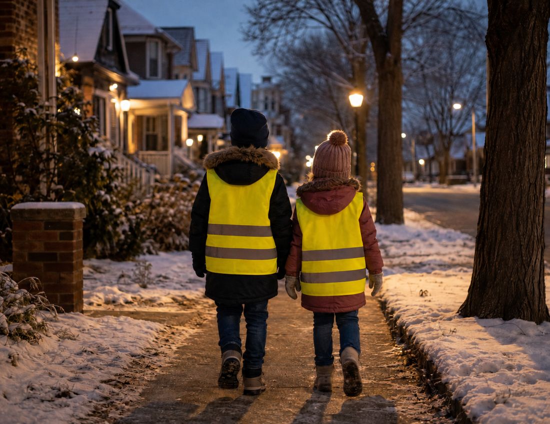 To barn i refleksvest går bortover fortauet i vintermørket, refleksbåndene lyser