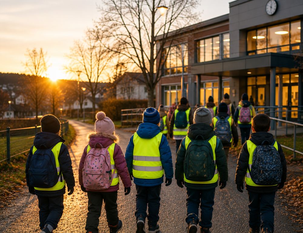 Skolebarn i refleksvest på vei mot skolen i soloppgang