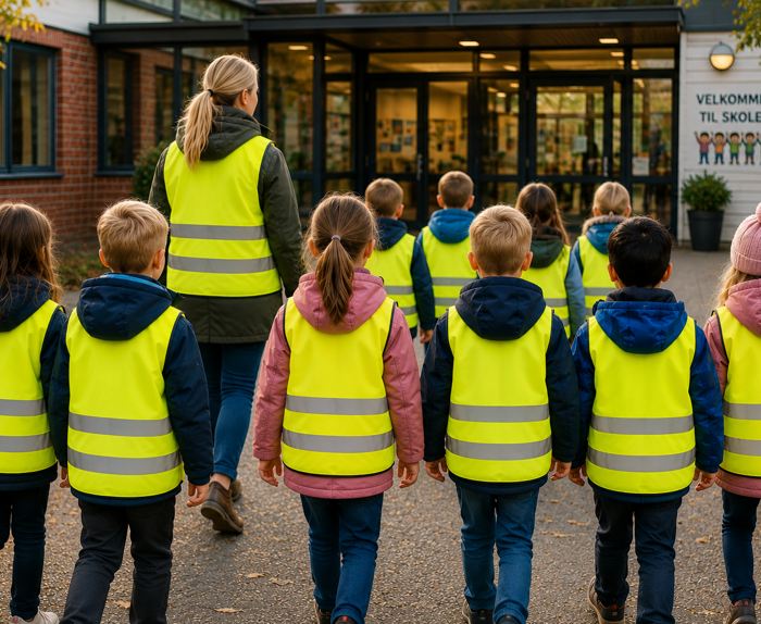En skoleklasse i refleksvest på vei inn skoleporten