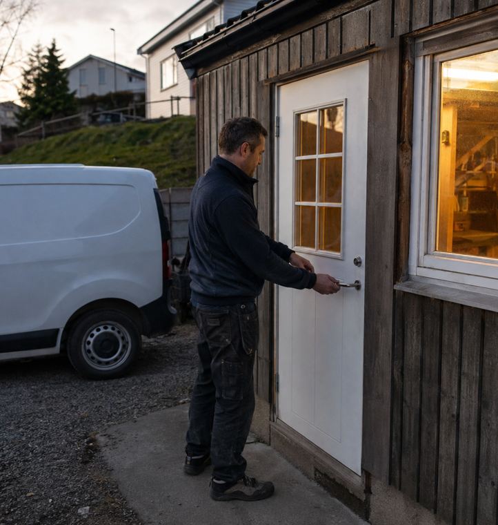 En håndverker låser døra til verkstedet sitt i skumringen
