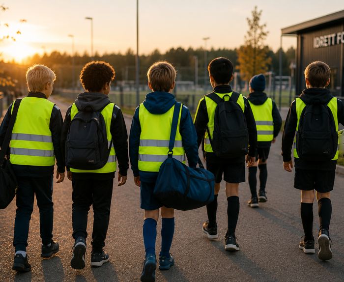 Gutter i refleksvest på vei til trening i skumringen
