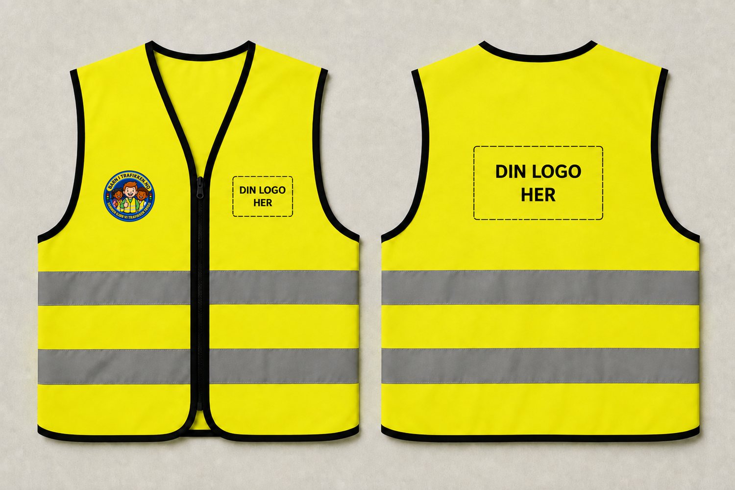 Refleksvest for barn vist forfra og bakfra, med markerte felt for sponsorlogo på bryst og rygg